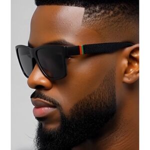 Mens Black Polarized Sunglasses Square Frame Red Green Stripe Detail Performance